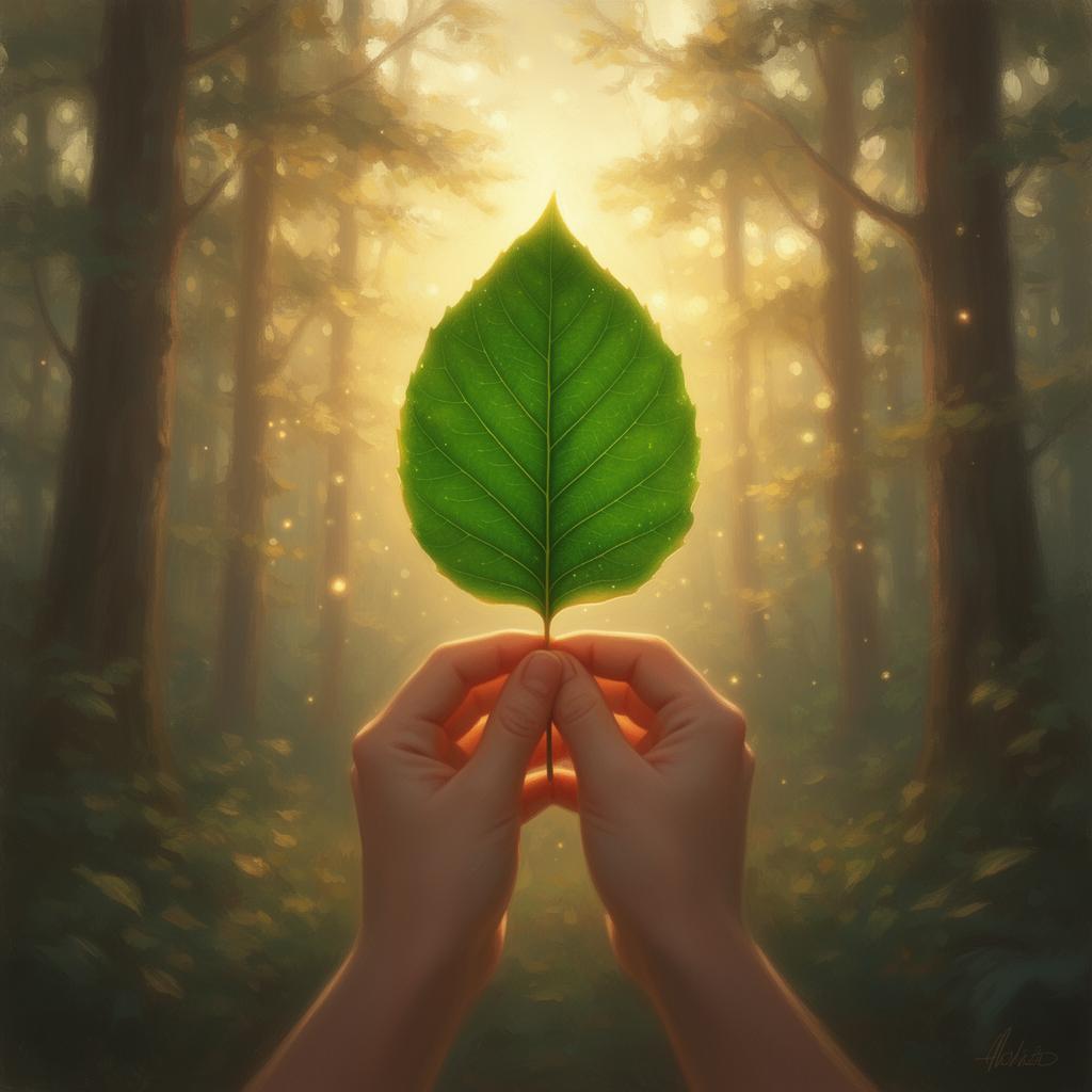 Hands holding a leaf in the forest