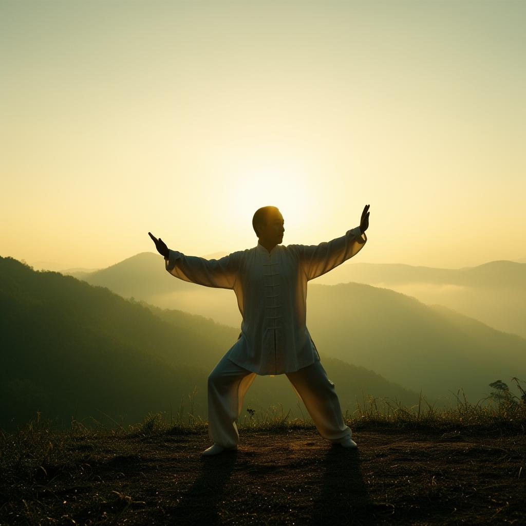 Qigong at sunrise on a misty mountain